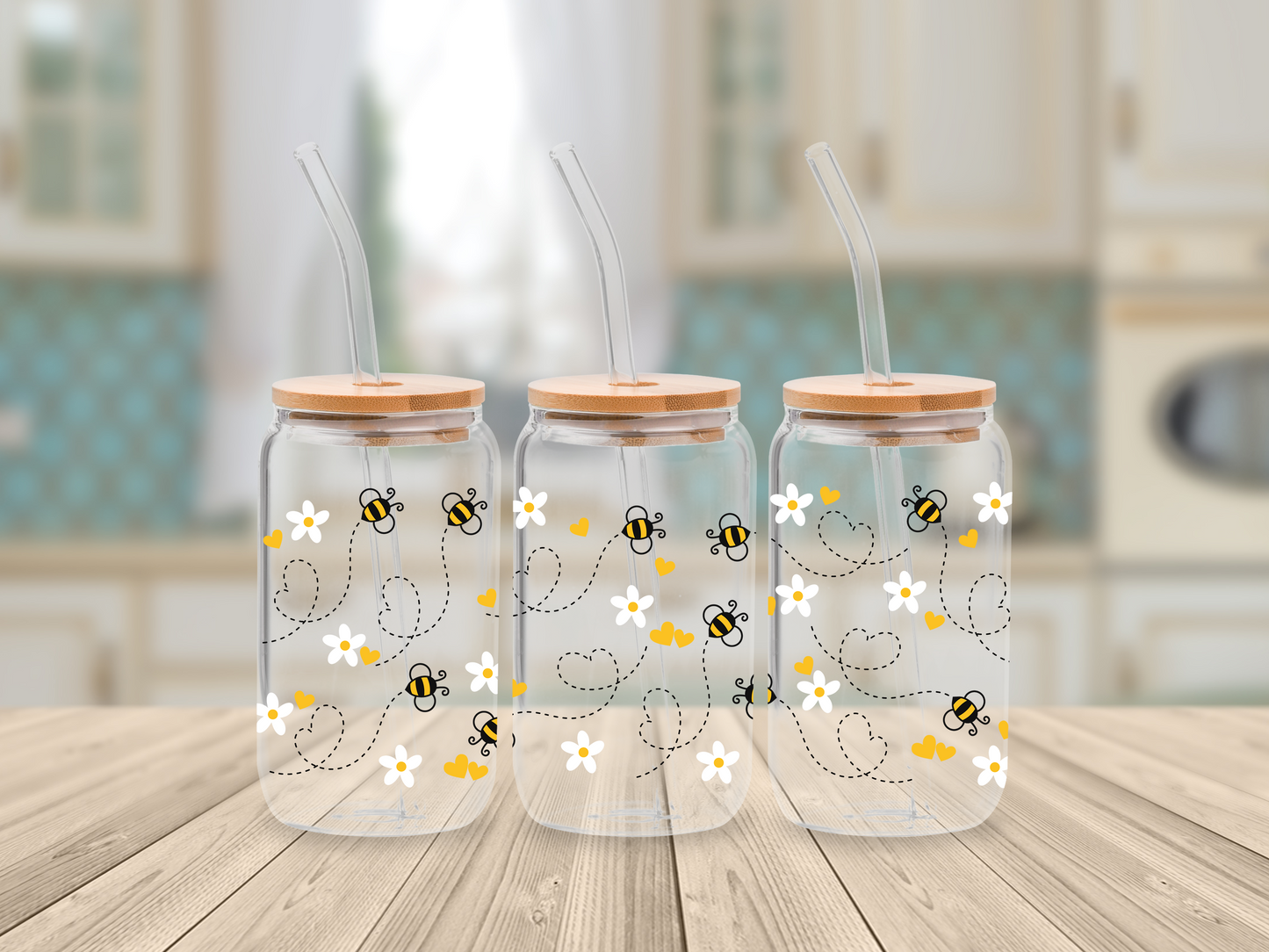 Cute Bees and Flowers Wrap - UV DTF for 16oz Libbey Glass Mug