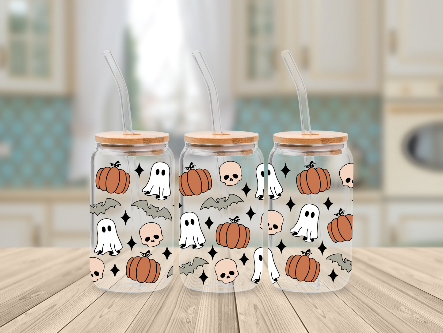 Peachy Ghosts and Pumpkins Halloween Wrap - UV DTF for 16oz or 20oz Libbey Glass Mug