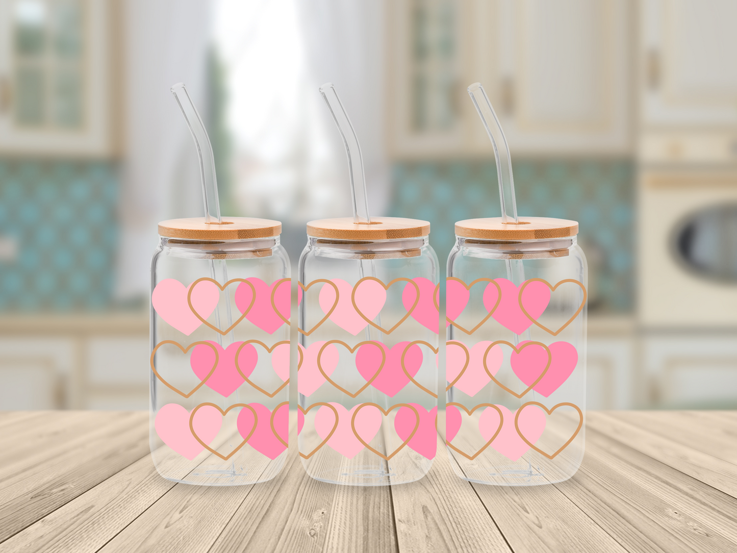 Pink and Gold Love Hearts - UV DTF for 16oz Libbey Glass Mug